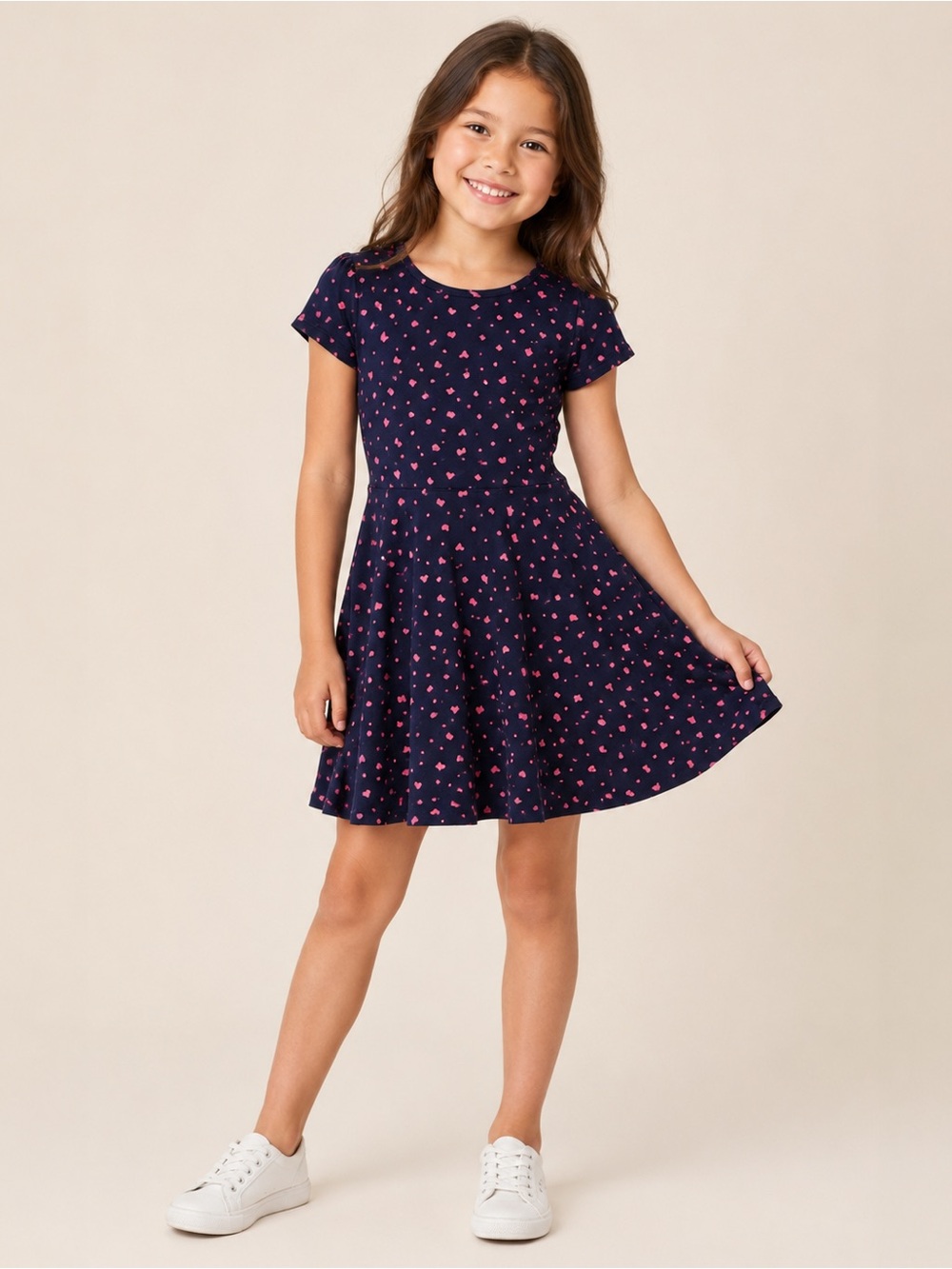 New Condition George Navy Dress with Pink Heart Print